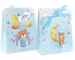 50Pcs Baby Shower Party Gift Bags Cute Cartoon Bear Chocolate Treat Bags with Tags and Ribbon String for Wedding Travel Theme Party Bridal Decoration (Blue)