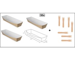 50x Bio Frikandelbakje kraft A16 karton + 50x houten vorkje - frikandel bakje snacks food take away festival thema feest
