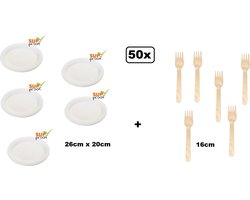 50x Bord Next generation ovaal 26cm x 20cm wit + 50x houten vork 16cm - BBQ time - borden salade Sate BBQ eten tafelen composteerbaar milieu festival thema feest