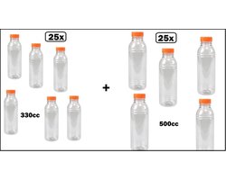 50x Flesje mix 330cc / 500cc met oranje dop - Herbruikbaar - Petfles drink fles vruchten sap limonade drank petfles
