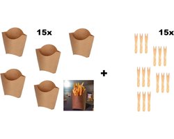 50x Frietbakje Amerikaanse style kraft + 50x houten vorkje XL - Patat friet frites bakje snack bak saus take away MC