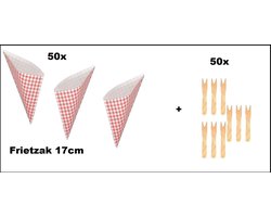 50x Frietzak rood/wit geruit 17cm papier + 50x houten frietvorkje - Boerenbont/ Puntzak/ Patat/Friet/Vork/ Snack