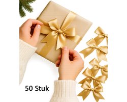 50x Gouden Satijnen Strikken – 8,5 cm – Luxe Decoraties voor Cadeaus, Bruiloften & Feestdagen – Glanzende Strikjes van Polyester – DIY & Geschenkverpakking
