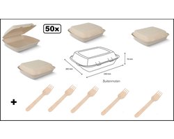 50x Menubox 1-vaks IP4 suikerriet BIO licht bruin + 50x houten vork - Menu food maaltijd festival thema feest party