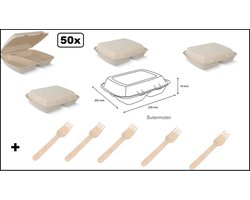 50x Menubox 2-vaks IP4 suikerriet BIO licht bruin + 50x houten vork - Menu food maaltijd festival thema feest party