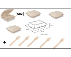 50x Menubox 3-vaks IP4 suikerriet BIO licht bruin + 50x houten vork - Menu food maaltijd festival thema feest party