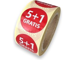 5+1 gratis sticker - reclame sticker - 250 Stuks - rond 25mm - korting sticker - promotie sticker - afprijs sticker - uitverkoop - aanbieding - wit - rood - food sticker - reclame-etiket - voedseletiket - HACCP sticker