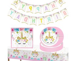 52-delige Eenhoorn Feestservies Set, Paarse Eenhoorn Verjaardagsdecoraties, Papieren Borden, Servetten en Tafelkleed voor Kinderfeestjes en Verjaardagen