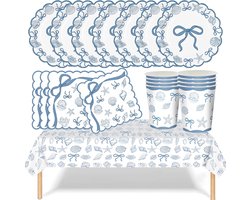 53P Blauwe Boog Servies Set, Papier Servies Pack voor Hen Do Party | Inclusief borden, kopjes, servetten en herbruikbaar tafelkleed voor 16 gasten, verjaardag, tuinfeest en feestdecoratie
