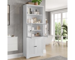 57,4 x 28,5 x 160 cm Hoge kast in badkamer - vochtbestendige lak - glazen deuren - twee open opbergvakken - verstelbare tussenschotten - wit