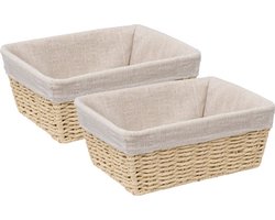 5Five - 2x - Broodmand Bistro plus - gevlochten papier/stof - creme wit - 25 x 19 x 10 cm