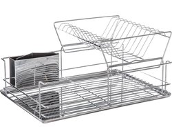 5Five Afdruiprek / afwasrek - 2 laags - met lekbak en bestekbak - zilver - 47 x 32 cm - van RVS - Afwassen