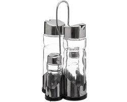 5Five Azijn/Olie flessen tafelset - met peper/zout vaatjes - glas/metaal - transparant - modern/design
