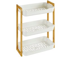 5Five Badkamer douche rekje - 3 laags - recht model - wit - kunststof/bamboe - 35 x 20 x 45 cm