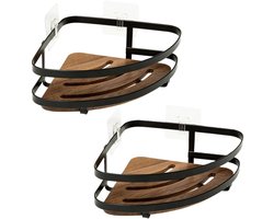 5Five Badkamer douche rekje organizer - 2x - zwart metaal/acacia hout - kleefstrip - 20 x 20 x 7 cm - hoek plaatsing