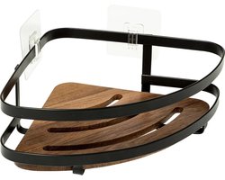 5Five Badkamer douche rekje organizer - zwart metaal/acacia hout - kleefstrip - 20 x 20 x 7 cm - hoek plaatsing
