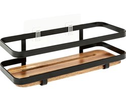 5Five Badkamer douche rekje organizer - zwart metaal/acacia hout - kleefstrip - 25 x 10 x 8 cm