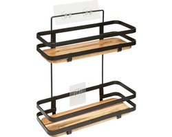 5Five Badkamer douche rekje organizer - zwart metaal/acacia hout - kleefstrip - 25 x 15 x 30 cm