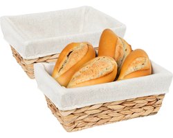 5Five Broodmandje met stof - 2x - riet/canvas - bruin/wit - landelijke stijl - Serveer mandjes