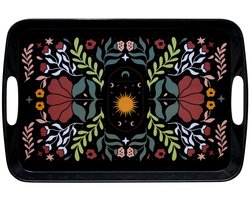5Five Design dienblad van melamine - 39 x 26 x 2 cm - flowers print zwart - opstaande rand - voor glazen en kopjes