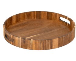 5Five Design rond dienblad van acacia hout - 35 x 5 cm - lichtbruin - Hoge opstaande rand - voor glazen en kopjes