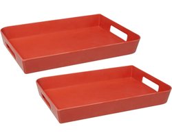 5Five Dienblad/serveerblad - 2x stuks - rechthoekig - 35 x 25 cm - koraalrood - met handvatten