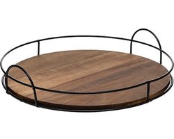 5Five Dienblad/serveerblad Bilbao - Acacia hout - D34 cm - zwart/bruin - met opstaande metalen rand