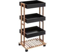 5Five Doucherekje/badkamerrekje/trolley - bamboe/zwart - 4 lagen - 40 x 30 x 87 cm