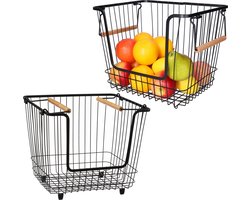 5Five Draadmand/opbergmand met handvat - 2x - stapelbaar - zwart - 33 x 26 x 26 cm
