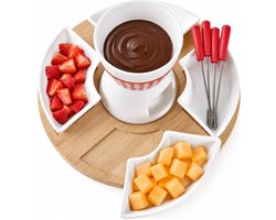 5Five Fondue set - wit - porselein - Dia 26 cm - 4 fondue vorken - voor chocolade/kaas