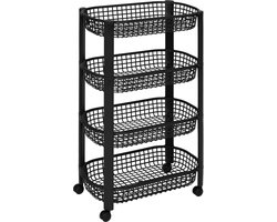 5Five Keuken/badkamer trolley 4 laags - L46 x B25 x H79 cm - zwart - kunststof - met wielen - opberg mandjes/bakjes