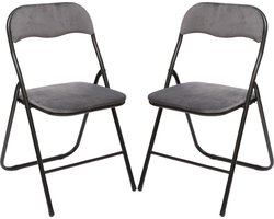 5Five Klapstoel met fluweel zitting - 2x stuks - grijs - 44 x 48 x 79 cm - metaal - Bijzet stoelen - Inklapbaar