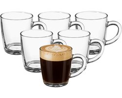 5Five Koffie glazen / Thee glazen - met oor - 12x stuks - transparant glas - 345 ml