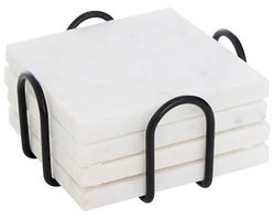 5Five Onderzetters voor glazen - marmer - 4x stuks - vierkant - steen - 10 x 10 cm - wit - in zwarte standaard van metaal