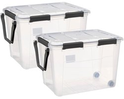 5Five opberg Box met deksel - 2x - Solutions Protect - 100 liter - 67 x 46 x 47 cm - kunststof - transparant - met wielen - extra stevig
