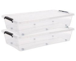 5Five opberg kist met deksel - 2x - Clip Box - 35 liter - 76 x 39 x 16 cm - kunststof - transparant - met wielen