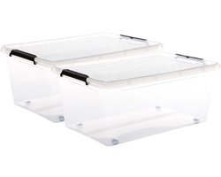 5Five opberg kist met deksel - 2x - Clip Box - 40 liter - 58 x 39 x 25 cm - kunststof - transparant