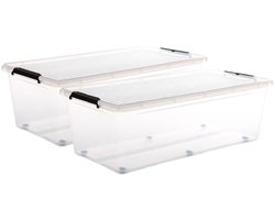 5Five opberg kist met deksel - 2x - Clip Box - 55 liter - 76 x 39 x 25 cm - kunststof - transparant - met wielen