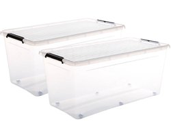 5Five opberg kist met deksel - 2x - Clip Box - 75 liter - 76 x 39 x 35 cm - kunststof - transparant - met wielen