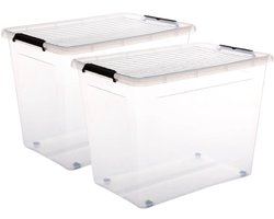 5Five opberg kist met deksel - 2x - Clip Box - 80 liter - 58 x 39 x 43 cm - kunststof - transparant - met wielen
