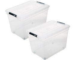 5Five opberg kist met deksel - 2x - Solutions Box - 100 liter - 67 x 48 x 46 cm - kunststof - transparant - met wielen
