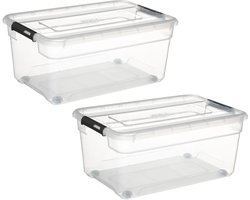 5Five opberg kist met deksel - 2x - Solutions Box - 40 liter - 58 x 39 x 26 cm - kunststof - transparant - met wielen