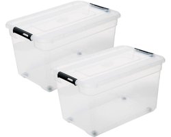 5Five opberg kist met deksel - 2x - Solutions Box - 52 liter - 58 x 39 x 34 cm - kunststof - transparant - met wielen