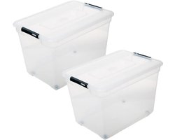 5Five opberg kist met deksel - 2x - Solutions Box - 80 liter - 67 x 47 x 36 cm - kunststof - transparant - met wielen