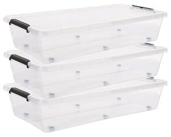 5Five opberg kist met deksel - 3x - Clip Box - 35 liter - 76 x 39 x 16 cm - kunststof - transparant - met wielen