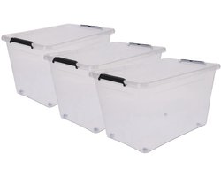 5Five opberg kist met deksel - 3x - Clip Box - 60 liter - 58 x 39 x 35 cm - kunststof - transparant - met wielen