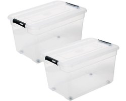 5Five opberg kist met deksel - 3x - Solutions Box - 52 liter - 58 x 39 x 34 cm - kunststof - transparant - met wielen
