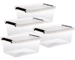 5Five opberg kist met deksel - 4x - Clip Box - 12,5 liter - 39 x 29 x 17 cm - kunststof - transparant