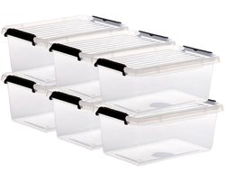 5Five opberg kist met deksel - 6x - Clip Box - 4,5 liter - 29 x 20 x 12 cm - kunststof - transparant