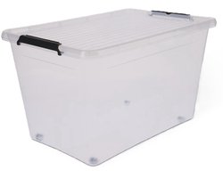 5Five opberg kist met deksel - Clip Box - 60 liter - 58 x 39 x 35 cm - kunststof - transparant - met wielen